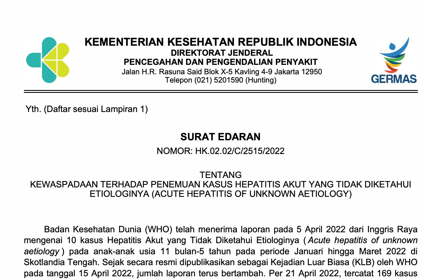 Kemenkes Terbitkan Edaran Kewaspadaan terhadap Penemuan Kasus Hepatitis Akut